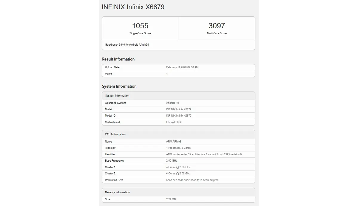 نتائج اختبار Infinix Note 60 على Geekbench تكشف عن معالج MediaTek Dimensity 7400