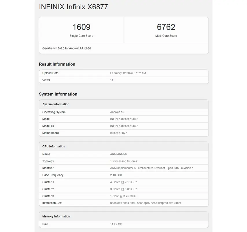 نتائج اختبار Infinix Note 60 Ultra على Geekbench تكشف عن معالج Dimensity 8400